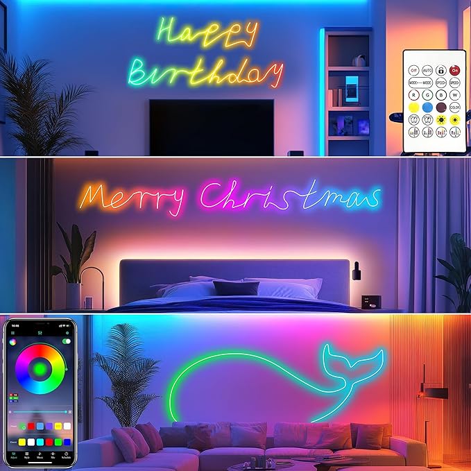 Cozylady RGB Neon LED Rope Lights, Waterproof Bluetooth APP Remote Control Music Sync Strip Lights, 24V Flexible DIY Silicone Light for Bedroom Home Indoor Outdoor Decor (30M/100Ft)