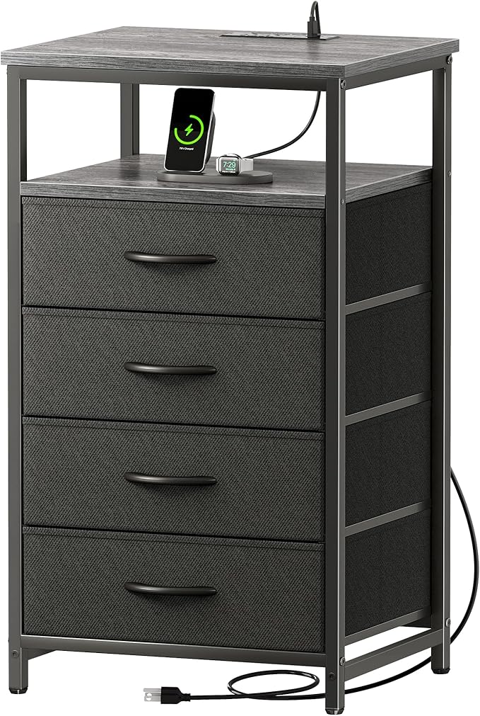 Huuger Night Stand with Charging Station, 4 Drawer Dresser for Bedroom, Bedside Table, 33.9 Inch Tall Nightstand with Open Shelf, End Table, for Closet, Entryway, Bedroooom, Gray