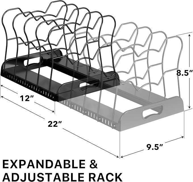 Simple Houseware Expandable Pan Organizer Rack, 10 Adjustable Compartments, Black - Kitchen Cabinet Organizer for Pots, Pans, Lids & Bakeware - Pantry & Countertop Storage