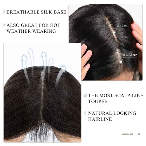 Hairro Human Hair Toppers for Women, Clip in Real Hairpieces, 130% Density 3"x5" Silk Base with Free Parting, for Covering Greyish Thinning Hair Loss/Adding Volume, 6 Inch Dark Brown