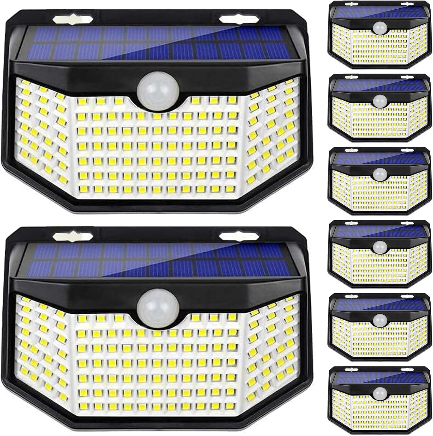 HMCITY 120 LED Outdoor Solar Lights with Motion Sensor and 3 Lighting Modes, IP65 Waterproof Wide Solar Wall Lights Ideal for Garden Patio Yard (Front Button 8Packs, Daylight White)