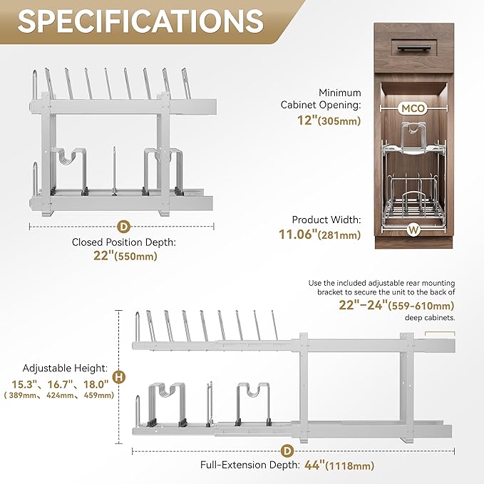 2-Tier Kitchen Pull out Cabinet Organizer for Pots, Pans, and Lid Cookware, Adjustable Heavy Duty Wire Pan and Pot Rack, Full-Extension Rail 12" W *22" D