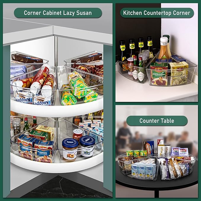 JEISSLIA Lazy Susan Cabinet Organizer Bins for 26"/ 28"/ 32" Diameter Corner Organizer, Plastic Cabinet Storage Bin, 1/8 Wedge - Food Safe, BPA Free, with Non-Slip Pads (for 28" Diameter, 4 Pack)