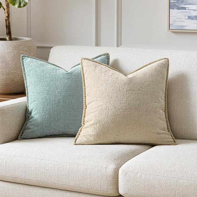 MIULEE Pack of 2 Euro Sham Pillow Covers 24x24 Inch Beige Farmhouse Decorative Throw Pillow Covers with Stitched Edge Soft Chenille Solid Dyed Pillow Covers for Bed Sofa Couch Living Room