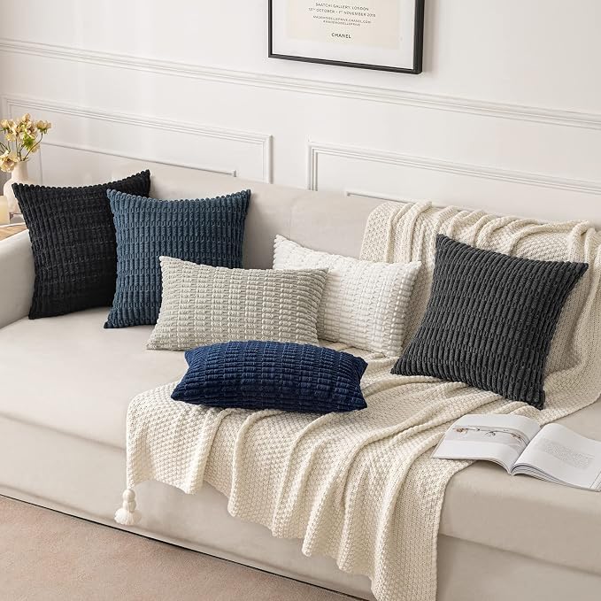 MIULEE Pack of 2 Corduroy Decorative Throw Pillow Covers 18x18 Inch Soft Boho Striped Pillow Covers Modern Farmhouse Home Decor for Summer Coastal Sofa Living Room Couch Bed Blue