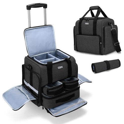 BAFASO Rolling Makeup Case with 3 Removable Pouches and 1 Makeup Brush Bag, Professional Makeup Train Case Cosmetic Bag with Detachable Dolly (Patented), Black