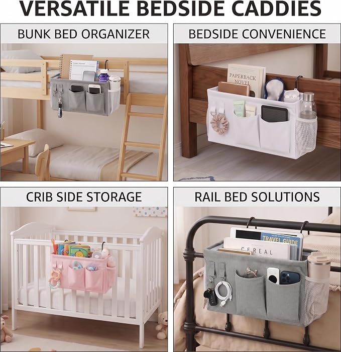 1pc Bedside Caddy Organizer with Hooks, No-Sagging Canvas Hanging Bed Pocket with Water Bottle Holder, Bedside Storage for Dorm Room Essentials, Bunk Bed Accessories, Hospital Bed Rails & Crib (gray)