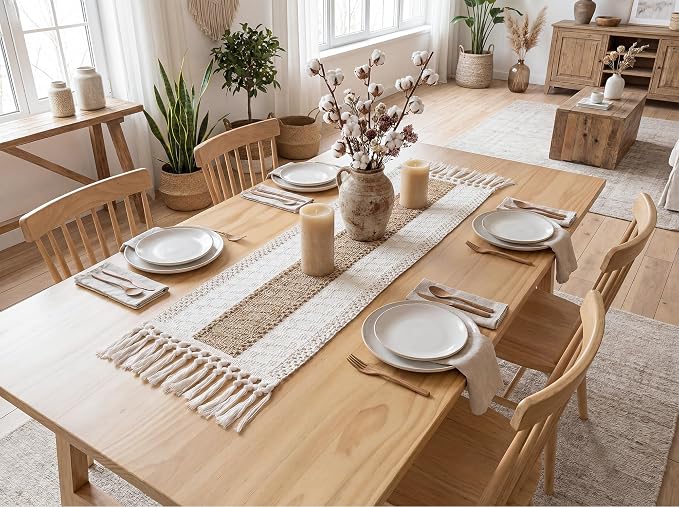 FEXIA Boho Table Runner for Summer Home Coffee Decor with Tassels 36 Inches Long Farmhouse Rustic Table Cloth Cream & Brown Macrame for Kitchen Dining Bedroom Decor Bridal Shower (12x36Inches)