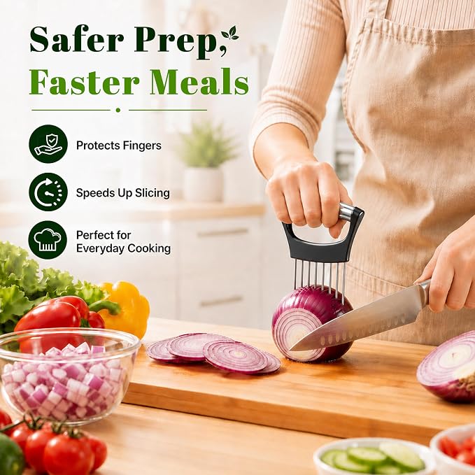 Onion Slicer, Stainless Steel Onion Holder for Slicing with Protective Cover, Onion Cutter Tool, Food Slicing Guide for Kitchen, Tomato, Potato, Lemon, Meat, Avocado, Egg, Fruit