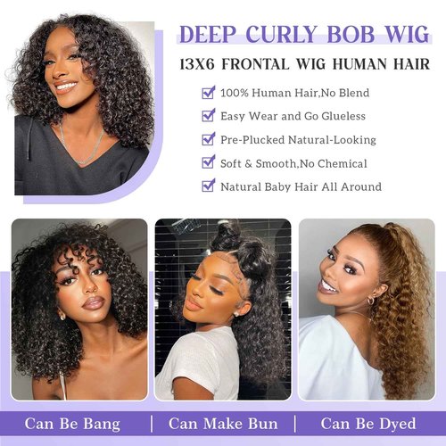 TOYERE Bob Wig Human Hair 13x6 Lace Frontal Deep Curly Wave, 200 Density Short Wigs for Black Women, Pre Plucked with Baby Hair Natural Hairline Easy to Style (16 Inch)