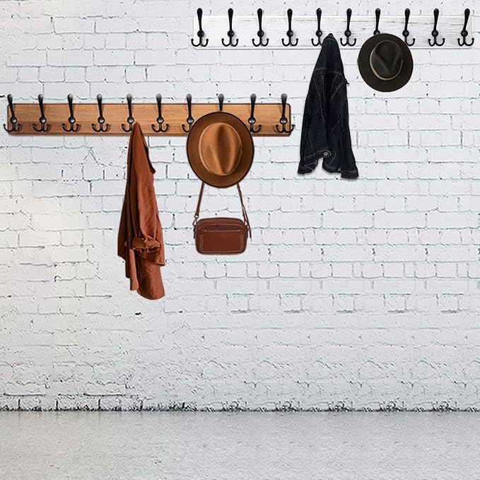 WEBI Coat Rack Wall Mounted,38 9/16" Long,10 Hooks,Wood Coat Hooks Wall Mounted Coat Hanger,Hook Rack Rail,Triple Hooks for Hanging Coats,Clothes,Jacket,Farmhouse,Black/White,2 Packs