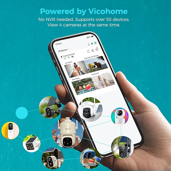 Vicohome 4CG6L Best 2K Solar Security Camera Wireless Outdoor System,No NVR Needed,Battery Powered,Easy to Setup,Motion Detection,Two Way Audio,Color Night Vision,SD Slot,180 Days Exchange Policy