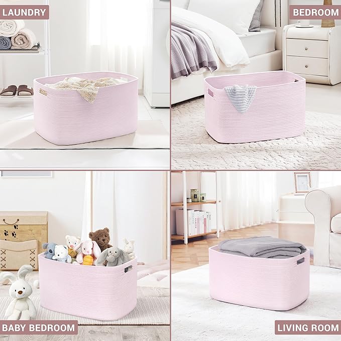 60L Small Baby Girls Laundry Basket for Nursery Storage,Cute Woven cotton Rope Baskets for Kids Toy，Gifts, Boho Square Wicker Blanket hamper for Living Room,Bedroom Dirty Clothes,Pink