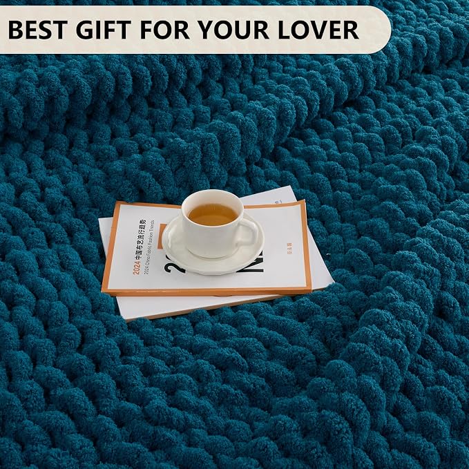 L'AGRATY Chunky Knit Blanket Throw: 50''x60'' Chenille Chunky Knitted Throw Blanket for Bed Couch - Handmade Thick Big Cable Knit Blanket - Large Crochet Rope Blankets for Home Decor(Blue)