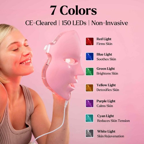 LED Face Mask Light Therapy Premium Spa Kit (4 Pcs) - With Ultrasonic Scrubber, Ultrasonic Brush & Green Tea Serum - 7 Colors (Blue & Red) Light Therapy Mask -Spa Light Therapy Facial For Rejuvenation
