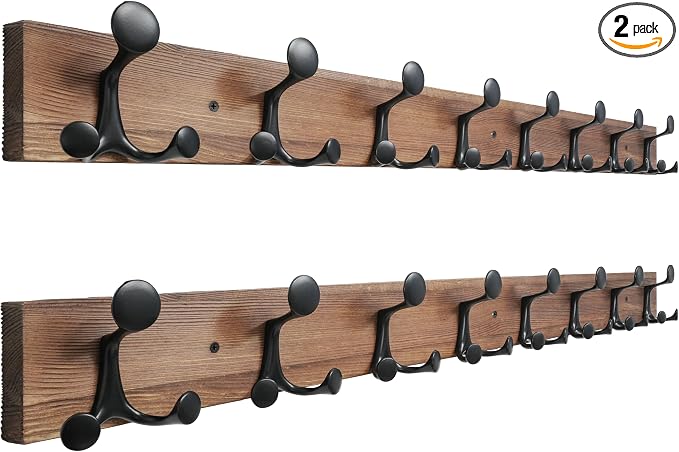 SKOLOO 43-Inch Wood Coat Rack Wall Mount with 8 Triple Hooks - Ideal for Family Entrances, Classrooms, and Pet Supplies Storage - Perfect Coat Hooks for Wall,Charred Golden Brown, Pack of 2