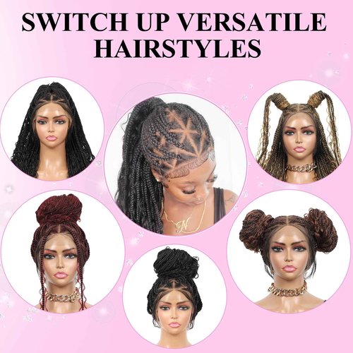 KERNORV 360° HD Full Lace Triangle Knotless Braided Wigs for Women Boho Braided Wigs with Curly Ends Full Lace Box Braid Wig with Baby Hair Premium Synthetic Braided Lace Front Wig 36" Black