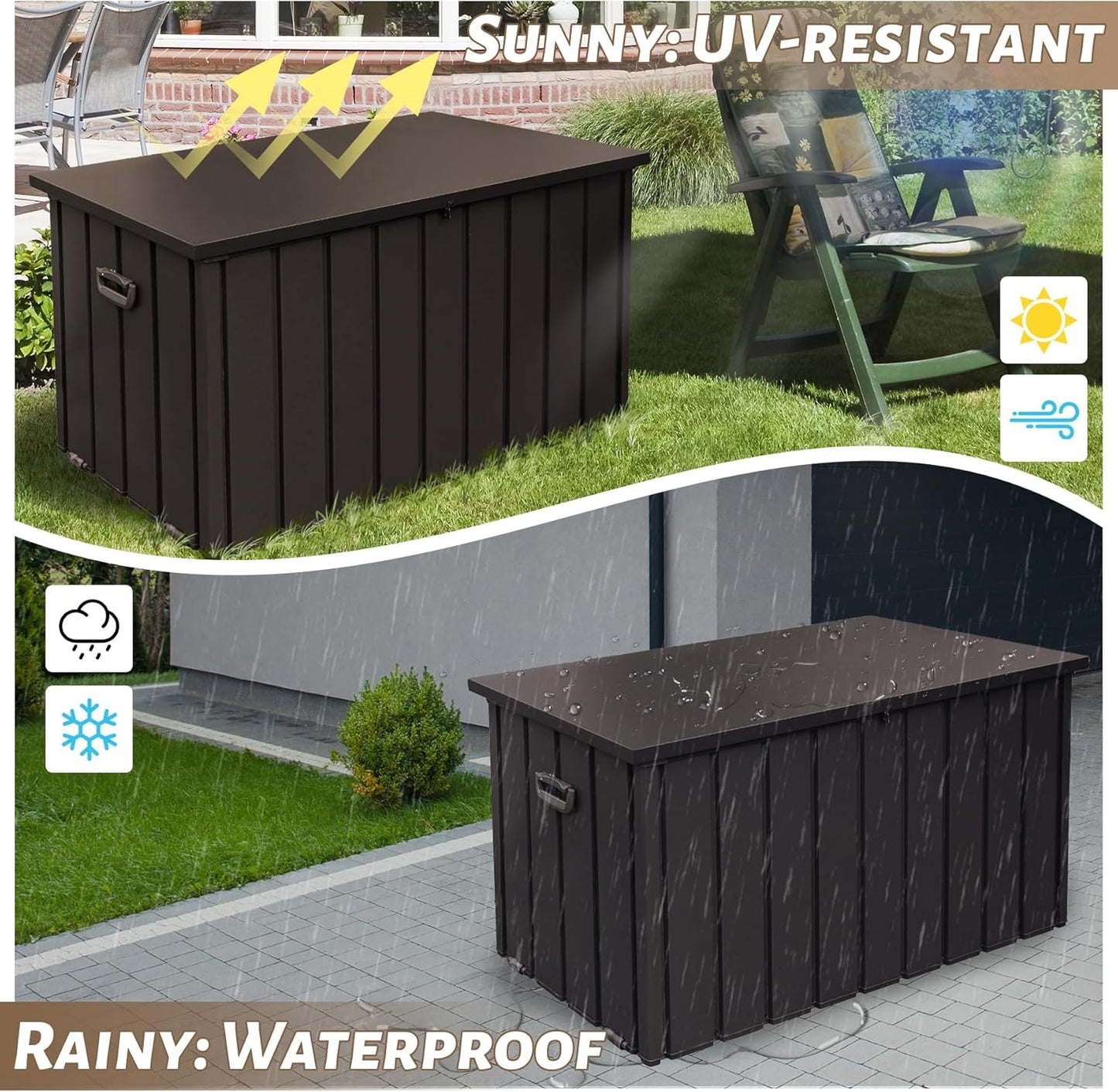 190 Gallon Metal Deck Box, Waterproof Steel Outdoor Box, Large Patio Furniture Storage Cabinet, Lockable Storage Bench for Porch Package Delivery, Pillows, Cushions, Pool, Tools, Backyard, Brown