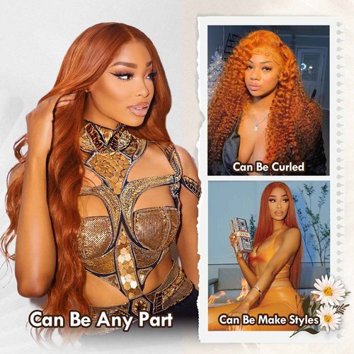 Ginger Lace Front Wigs - Human Hair, 13x6 HD Body Wave, Pre-Plucked with Baby Hair, 180 Density, Glueless, Ginger Orange, 20"