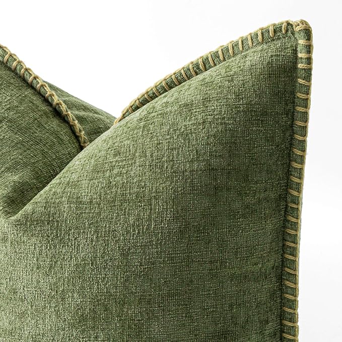 MIULEE Pack of 2 Couch Throw Pillow Covers 22x22 Inch Sage Green Farmhouse Decorative Pillow Covers with Stitched Edge Soft Chenille Solid Dyed Summer Pillow Covers for Sofa Bed Living Room