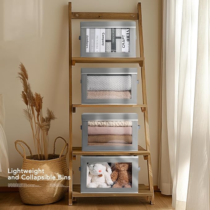 Homsorout Large Storage Bins with Lids - Stackable Cube Bins for Closet, 4 Pack Clear Windows Fabric Organizer Bins, Home Organizers and Storage for Clothes, CD, Towels, Grey