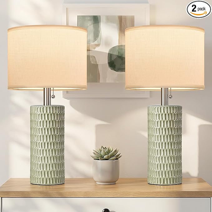 Reaketon Table Lamps for Living Room Set of 2, Ceramic Table Lamps for Bedroom, 20" Modern Lamps for Night Stands, Light Green