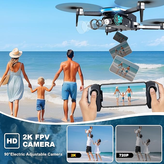 GPS Drone with Camera, 2K HD Drones for Adults, Foldable FPV Drone with GPS Auto Return, Follow Me, Circle Fly, Waypoint Fly, 5G Transmission, Gestures Selfie, Brushless Motor, 2 Batteries, Charcoal