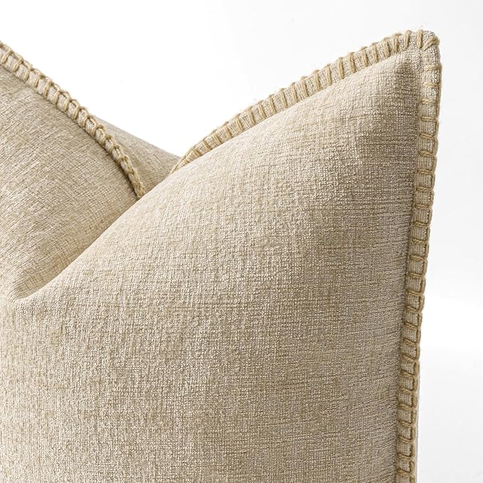 MIULEE Pack of 2 Euro Sham Pillow Covers 24x24 Inch Beige Farmhouse Decorative Throw Pillow Covers with Stitched Edge Soft Chenille Solid Dyed Pillow Covers for Bed Sofa Couch Living Room