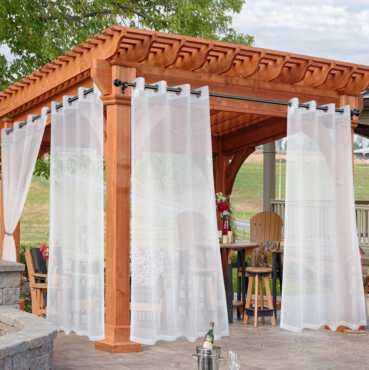 HolidayIdeas White Outdoor Sheer Curtains for Patio Waterproof, 6 Panels - 54 x 95 Inch - Light Filtering Voile Outside Curtains Grommet Drapes for Front Porch, Gazebo, Pergola, Backyard