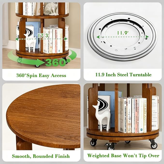 6 Tier 360° Rotating Solid Wood Bookshelf with Wheels, Lazy Susan Circular Spinning Revolving Corner Bookcase, Freestanding Storage Shelf for Bedroom Small Space, Walnut