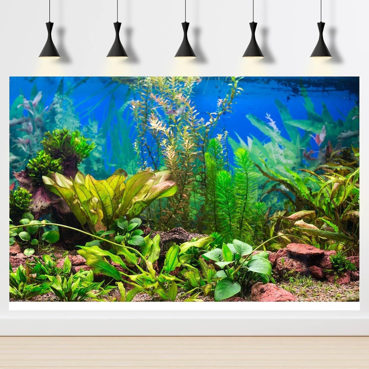 Aquarium Background Various Underwater Grass Plants Fish Tank Background Vivid Fresh Green Aquatic Plants Stone River Bed Dead Wood Purple Stone Terrarium Wallpaper 36x18in