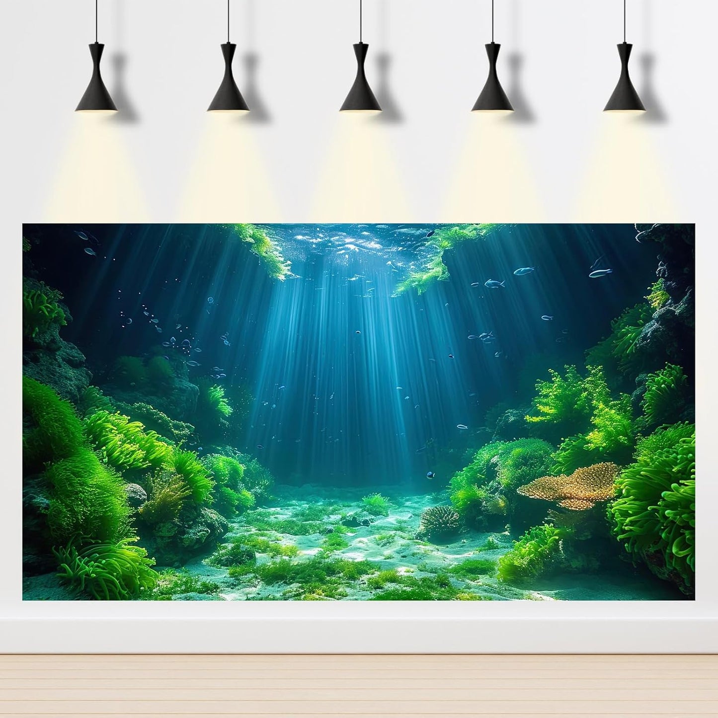 Aquarium Background Aquatic Plants Soft Algae Terrarium Backdrop Underwater World Fish Rock with Moss Sunlight Rays Fish Tank Background Aquarium Wallpaper Poster Decor Vinyl 48x20in