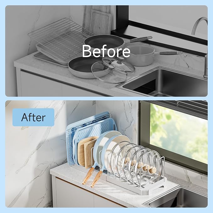 MUDEELA Pots and Pans Organizer under Cabinet, Expandable Rack with Pot Lid Holder and 12 Adjustable Dividers, Pan Organizers inside Cabinet for Kitchen Organization, Cutting Boards, Baking Sheets