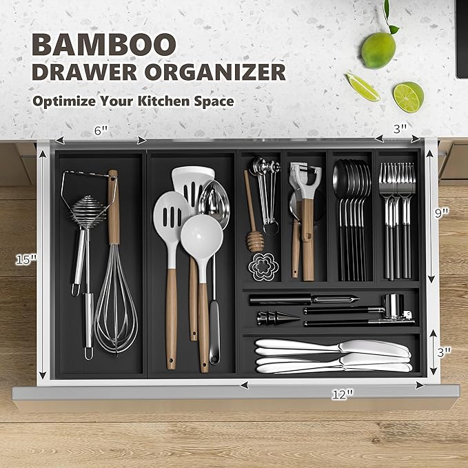 Kitchen Drawer Organizer Bins, Stackable Bamboo Drawer Organizer for Silverware, 2 Pcs Toilet Paper Basket Holder, Wood Bathroom Tray Countertop, Toilet Tank Tray Black 15" x 6" x 2.5"