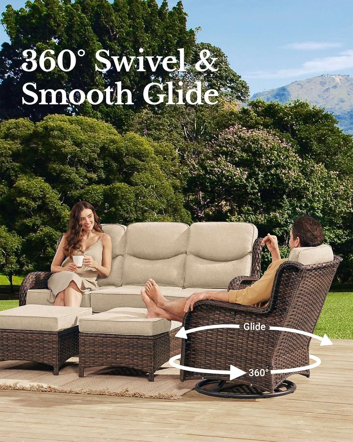 HILLGA Luxury Patio Furniture Set with 6-Inch Thick Cushions, High Back Outdoor Swivel Rocker Chairs Patio Loveseat and Couch, 6-Piece All Weather Conversation Set for Porch Deck Pool Yard, Beige (V3)