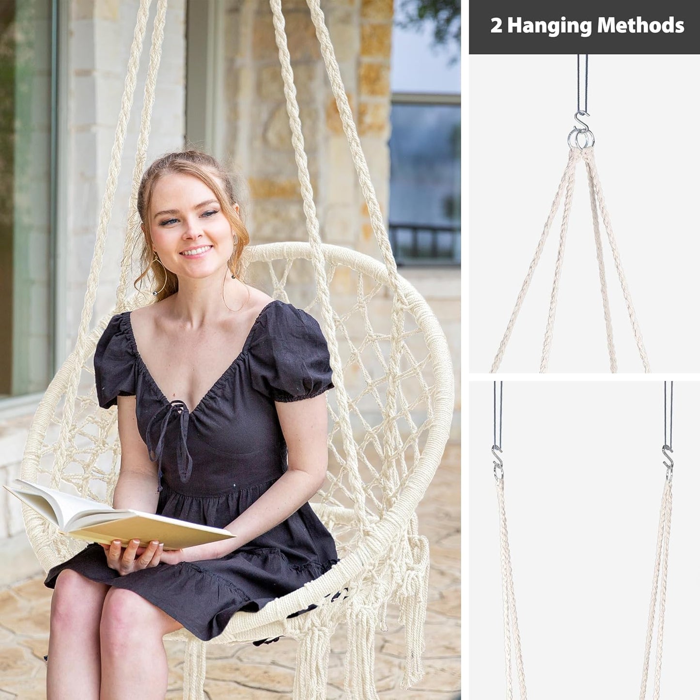 SUNCREAT Hammock Chair Macrame Swing with Side Pocket, Hanging Cotton Rope Hammock Swing Chair for Indoor and Outdoor Use, 330 lbs Capacity, Pack of 2, Beige