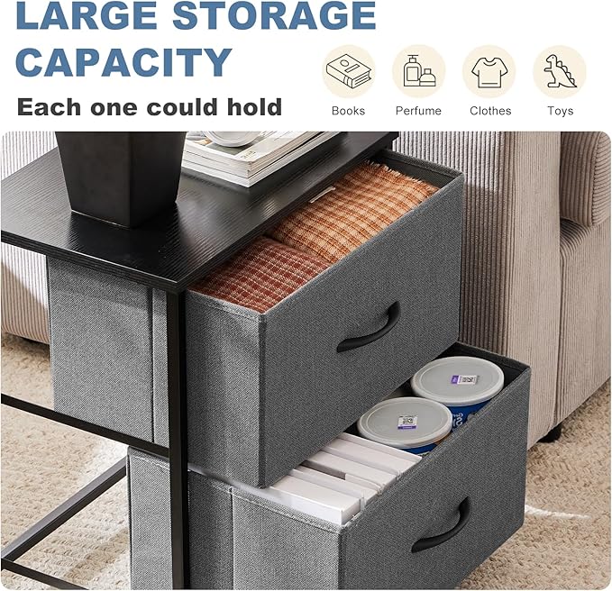 DUMOS Nightstand Small Dresser with 2 Fabric Drawers Side Bedroom End Table Kids Bedside Storage Furniture for 20 inch Tall Night Stand for Closet, Entryway, College Dorm, Ash