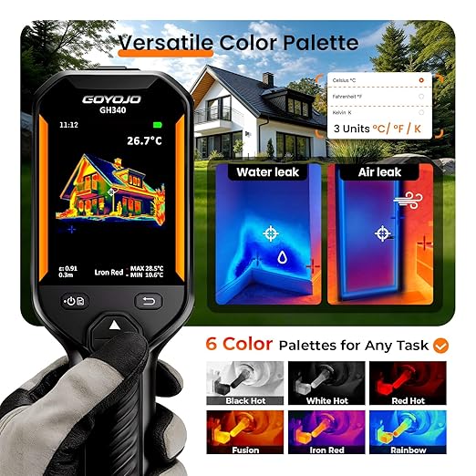 GH340 Thermal Imaging Camera 640x480 Super Resolution, Dual-Camera with 2MP Visual Camera, 256x192 IR Resolution Handheld Thermal Camera for Home Inspection, HVAC Electrical Water Leak Break Detection