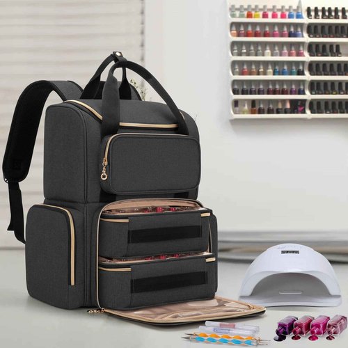 LUXJA Nail Polish Organizer (Backpack Version) Holds 70 Bottles and a Nail Lamp, Travel Nail Bag with 2 Removable Cases and Tools Storage Pockets (Patent Pending), Black