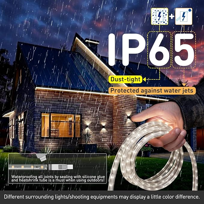 Shine Decor LED Strip Light Easy Connectable, 6000K Cool White Cold Resist Weatherproof Plug-in for Indoor Outdoor, 101 LM/FT Dimmable Bright Eco Rope Lighting 65FT, 120V Whole Set ETL Listed