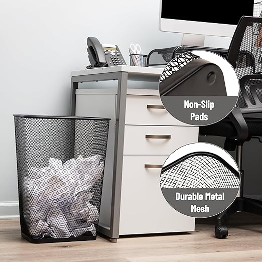 Mind Reader Executive Waste Paper Bins, 10 Gallon, Black, Set of 2 | Metal Mesh, Solid Bottom, Non Slip Pads, Office and Home