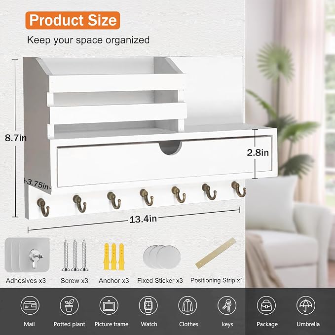 dreampossible Key and Mail Holder for Wall, Mail Organizer Wall Mount with 6 Hooks and Storage Drawer, Wooden Key Rack Hanger with Shelf for Entryway and Home Decor