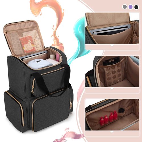 LUXJA Nail Polish Organizer (Backpack Version) Holds 70 Bottles and a Nail Lamp, Travel Nail Bag with 2 Removable Cases and Tools Storage Pockets (Patent Pending), Black