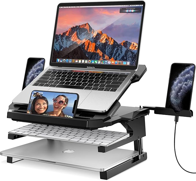AboveTEK Laptop Stand, 20 Angles Two-Layer Height Adjustable Laptop Stands, Portable Laptop Riser with 360 Rotating Base Storage Space & Extra Phone Holders Compatible with 10''-17'' Laptops Black