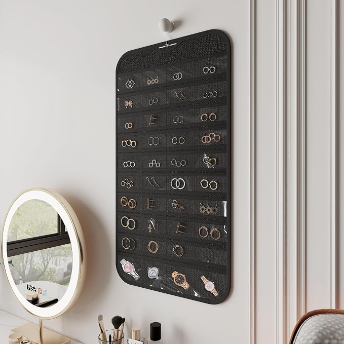 2 Pack Hanging Jewelry Organizer 80-Pocket Dual-sided Jewelry Storage for Earring Necklace Bracelet Ring Travel Holder, Black