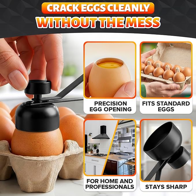 Egg Cracker Tool for Raw Eggs — Egg Shell Opener for Soft-Boiled Shell Tops, Stainless Steel Topper with Ergonomic Adjustable Effort — Clean Cut Design for Breakfast Prep, Custards, & Baking (Black)