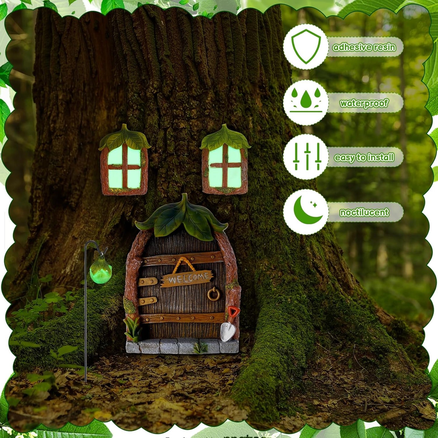Glowing Miniature Fairy Garden Accessories, 4-Piece Miniature Fairy Figurines Glow in The Dark Fairy Door and Windows for Trees Set, Resin Light Up Sculpture Kit for Outdoor & Indoor Gardens