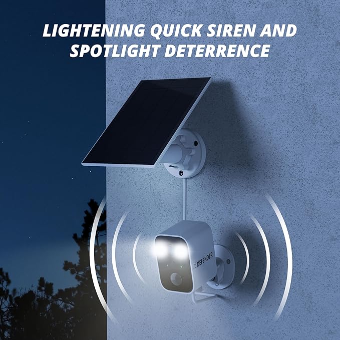 Defender Solar Powered 4K/8MP AI Everwatch Wireless Outdoor Security Camera, 4 Pack, Battery Powered, AI Tracking, Color Night Vision, Spotlight/Siren, IP66 Rated, Two-Way Talk, No Monthly Fees