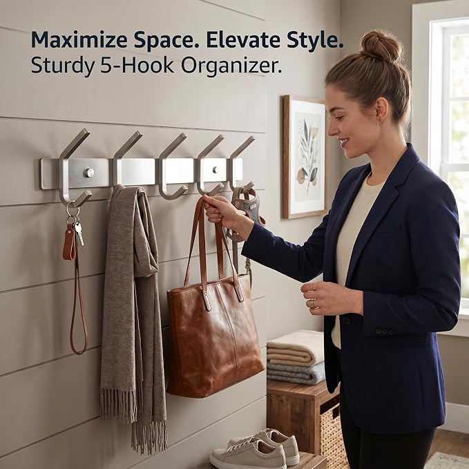 Coat Rack Wall Mount – Brushed Nickel 15 Inch Stainless Steel Hook Rail with 5 Heavy Duty Double Coat Hooks – Wall Mounted Coat Hanger for Entryway, Bathroom, Bedroom, Towel, Hat Organizer