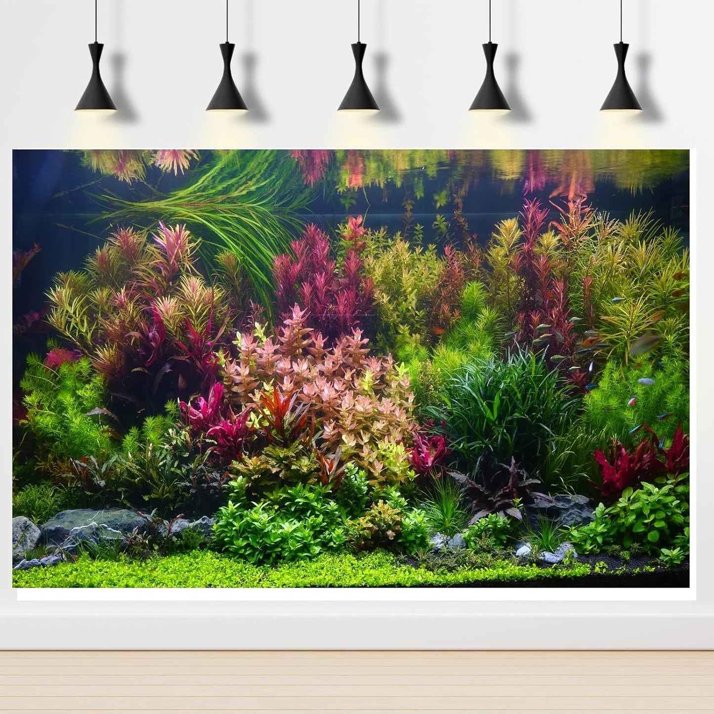 Aquarium Background Various Vivid Fresh Underwater Aquatic Plant Fish Tank Aquarium Backdrop Stone River Bed and Lake Fish Terrarium Background Decor Vinyl 36x18in